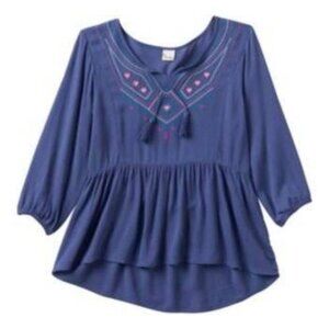 Girls Shirt Mudd 10 Blue Embroidered 3/4 Sleeve Babydoll Top